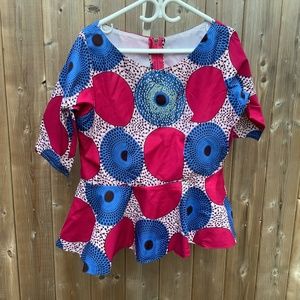 Beautiful Pink and Blue African Print Peplum, Embellished Top, Blouse For Sale